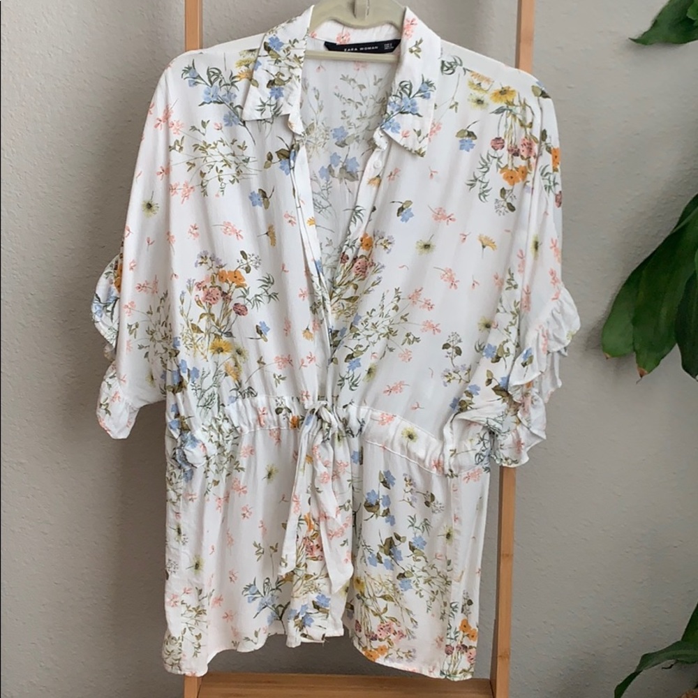 Zara drawstring waist floral blouse